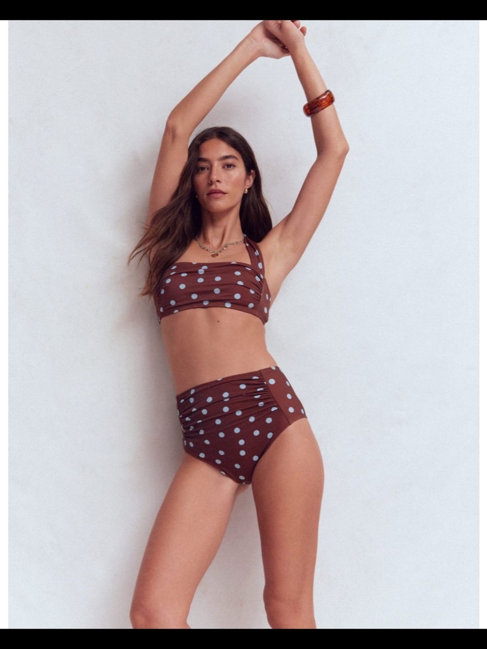 Boden Kythria Ruched Bikini Set in Chocolate and Blue Painted Dot Brown Spot